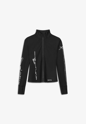 Veste zippée noire avec col montant, ornée de motifs abstraits blancs sur les manches et d'un logo au niveau de l'ourlet, fabriquée en matériau lisse.