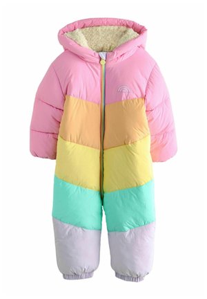 Zateplený snowsuit s kapucí, s barevným blokovým designem v růžové, žluté, mátově zelené a levandulové barvě. Obsahuje zip na přední straně a měkkou podšívku.