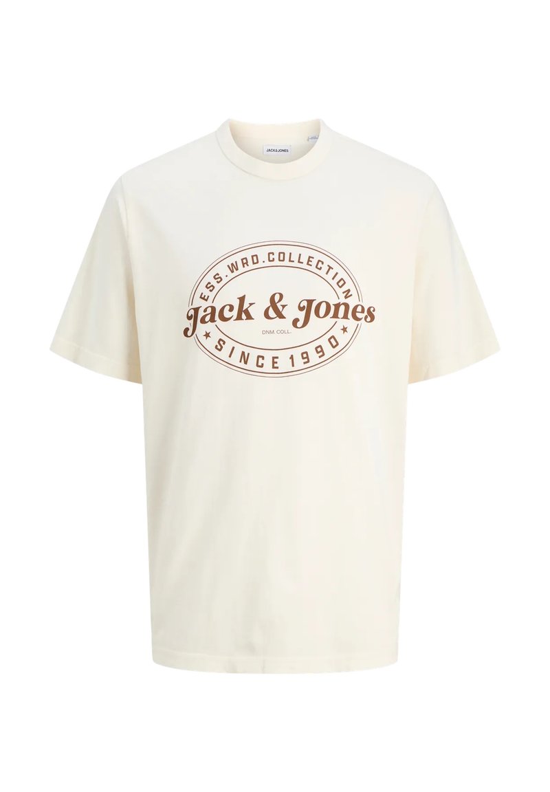 Cremefarvet bomulds T-shirt med et brunt grafisk motiv, der har teksten "Jack & Jones" og "Since 1990" i et oval design. Korte ærmer.
