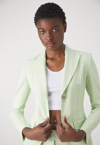 Blazer aderente verde chiaro con risvolti a punta e bottone dorato, indossato sopra una maglietta bianca. Tessuto morbido con taglio sartoriale e tasche.