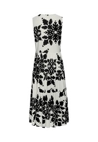 Schwarz-weißes ärmelloses Kleid mit floralem Muster, knielang, gestuftes Design und rundem Ausschnitt. Aus leichtem Stoff hergestellt.