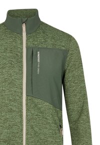 Groene fleecejas met een hoge kraag, voorzien van een gestructureerd patroon, een gladde borstzak en een ritssluiting.