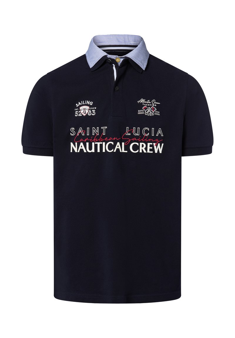 Marineblaues Poloshirt mit einem blau geringelten Kragen, versehen mit gesticktem Text: "Saint Lucia Nautical Crew" und maritimen Grafiken.