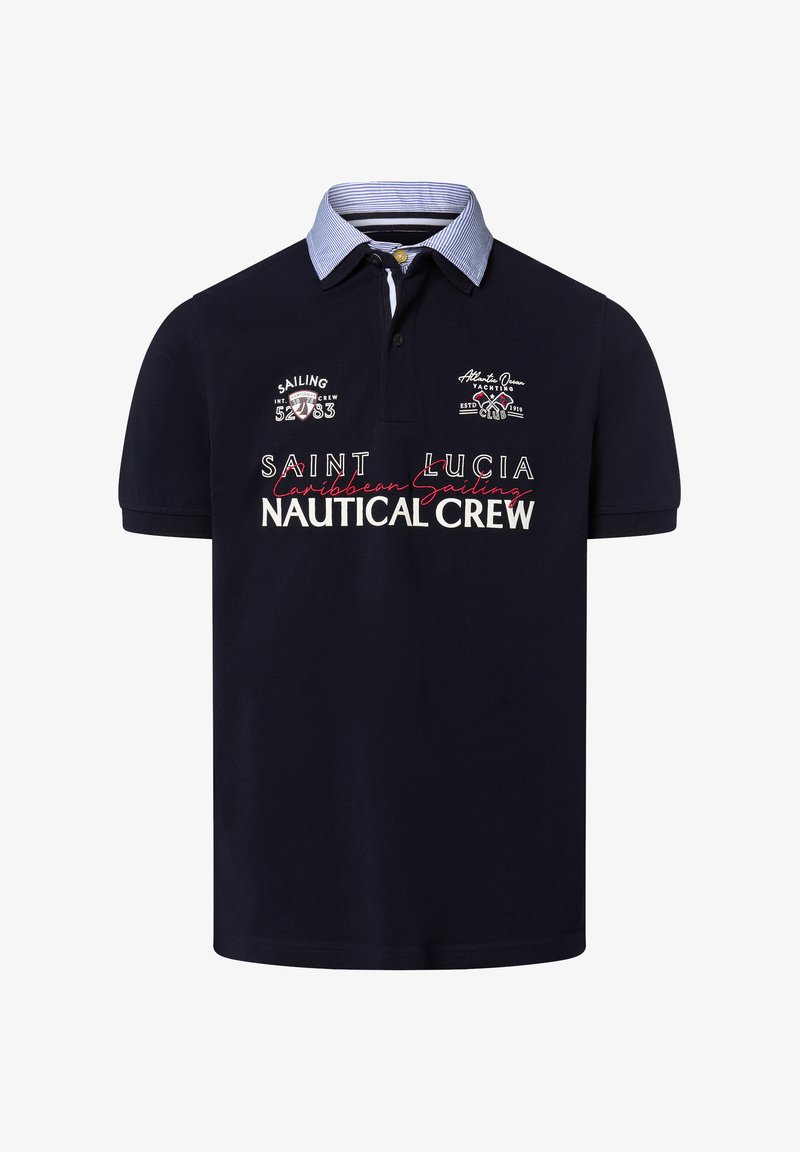 Marineblaues Poloshirt mit einem blau geringelten Kragen, versehen mit gesticktem Text: "Saint Lucia Nautical Crew" und maritimen Grafiken.