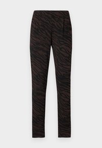 Brown and black tiger stripe patterned trousers with a sleek design, made from soft fabric; features side pockets and a fitted shape.