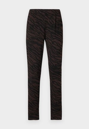 Hosen im Braun- und Schwarz-Tigerstreifenmuster mit einem eleganten Design, aus weichem Stoff gefertigt; verfügen über Seitentaschen und eine taillierte Form.