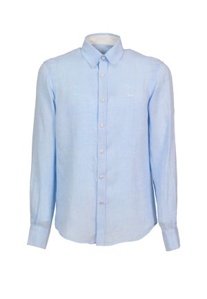 Camicia azzurra a maniche lunghe con bottoni e colletto abbottonato, con piccolo logo ricamato sul petto a sinistra.