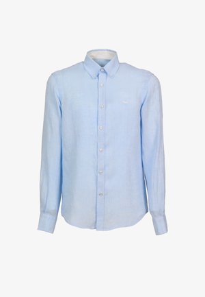 Svijetloplava košulja s dugim rukavima, kopčana na gumbe, s kopčanom ovratnikom i malim izvezenim logom na lijevoj strani prsnog dijela.