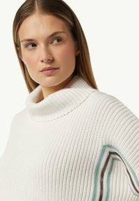 Leichter, gerippter Strickpullover mit hohem Kragen. Mit kontrastierenden Stoffstreifen in Petrol, Braun und Weiß an den Ärmeln.