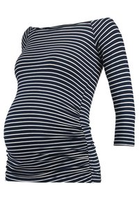 Marineblause und weiß gestreifte Umstandbluse mit dreiviertel Ärmeln, weichem Stoff und gerafften Seiten für eine taillierte Passform um den Bauch.