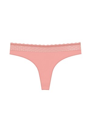 Rosa Damen-String mit Spitzenbesatz, nahtlosem Design und floralem Muster entlang des Taillenbundes auf weißem Hintergrund.