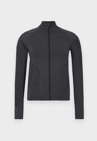 Veste de sport noire à manches longues avec fermeture éclair, col montant et coutures le long des épaules et des côtés, sur fond uni.