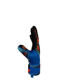 Torwarthandschuh mit blauem Körper, schwarzen Akzenten, strukturiertem Griff, orangefarbenen Akzenten und einem gemusterten Bund für eine sichere Passform.