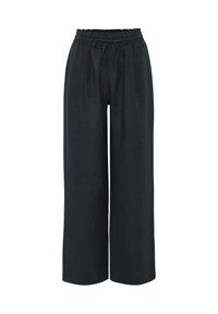 Zwarte linnen broek met wijde pijpen, een elastische tailleband en verstelbaar trekkoord. Voorzien van plooien aan de voorkant voor extra volume.