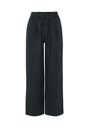 Schwarze Leinen-Hosen mit weitem Bein, elastischem Bund und verstellbarem Kordelzug. Mit Falten an der Vorderseite für zusätzlichen Volumen.
