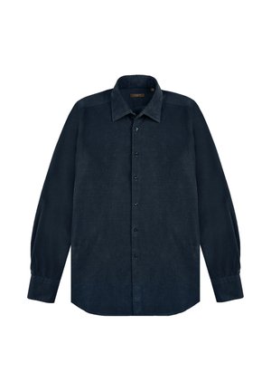 Donkerblauwe langemouw overhemd met knoopsluiting en een puntige kraag, platgelegd op een witte achtergrond.