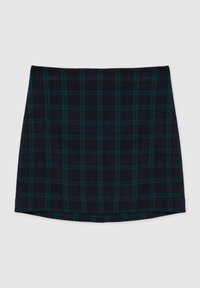 Gonna mini a quadri in blu navy e teal, con una texture liscia, taglio dritto e orlo che curva leggermente verso l'alto sui lati.
