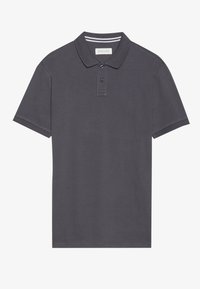 Camisa polo gris de algodón, presenta un cuello clásico, tapeta de dos botones y mangas cortas con puños de canalé y un sutil detalle de rayas.