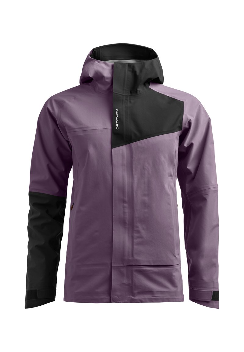 Purple waterproof jacket featuring a black accent on the collar and shoulders, zippered pockets, and adjustable cuffs for a secure fit.