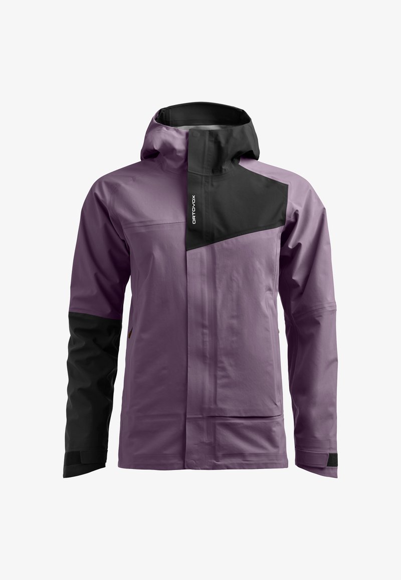 Purple waterproof jacket featuring a black accent on the collar and shoulders, zippered pockets, and adjustable cuffs for a secure fit.