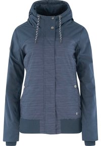 Navy blå jacka med en strukturerad randig front, justerbar huva, dragkedjestängning och ribbade ärmslut. Har tryckknappar och diskret branding.