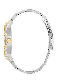 Sølv- og guldfarvet armbåndsur med rektangulært urkasse, sammenkoblede metalremme, krystaludsmykninger langs bezel og en trykknaplås.