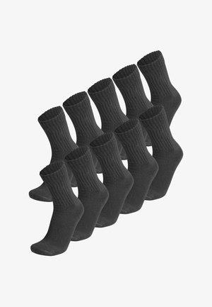 Dunkelgraue Baumwollsocken mit gerippten Bündchen und glatter Textur. In einer Gruppe von zehn Stück präsentiert, hat jedes Paar ein klassisches Crew-Längen-Design.