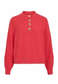 Korallikarva soonikkoelega kampsun kõrge kaelusega ja nelja kuldse tooniga nupuga krae juures. Omab lahtisi, pikki varrukaid ja lõdvestunud istuvust.