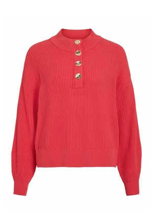 Koralstribet sweater med høj hals og fire guldbelagte knapper ved kraven. Har løse, lange ærmer og en afslappet pasform.