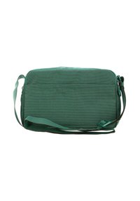 Sac messager vert texturé avec bandoulière réglable, fermeture à glissière et une poche extérieure. Forme rectangulaire compacte. Matériau durable.