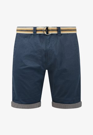 Tummansiniset shortsit, joissa on taitettu harmaa helma, ja niiden vyötäröllä on raidakuvioinen vyö keltaisena, mustana ja valkoisena. Takana on yksi tasku.