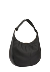Sac hobo en cuir noir avec une forme incurvée, une bandoulière nouée et une fermeture éclair. Texture lisse avec des accents matériels minimaux.
