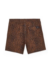 Shorts imprimés léopard marron et noir avec une ceinture élastique et une poche arrière portant une petite étiquette de la marque Volcom noire.