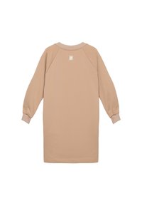 Jasno beżowa sukienka dresowa z długimi rękawami raglanowymi, ściągaczami na mankietach oraz okrągłym dekoltem. Posiada mały detal z logo na plecach.