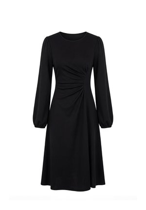 Robe midi noire à manches longues avec encolure ronde et détail froncé à la taille, avec manches bouffantes et poignets élastiques.