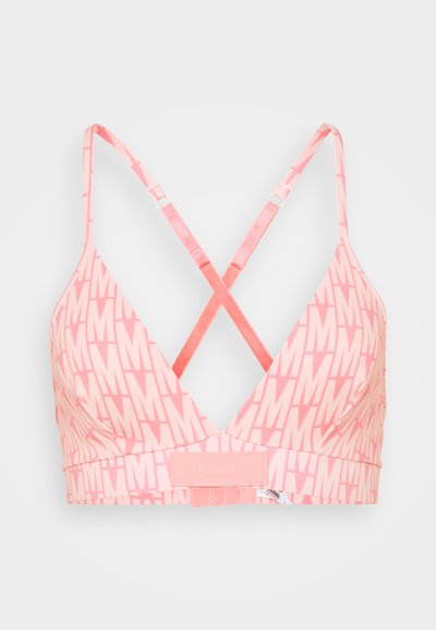Ροζ bralette με διασταυρούμενους ιμάντες στην πλάτη, που διαθέτει επαναλαμβανόμενο λογότυπο, μαλακή υφή και ελαστική ζώνη με επωνυμία.
