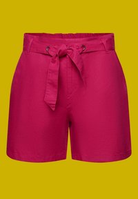 Pantalones cortos rosas confeccionados con una tela texturizada, con una cinturilla atada y ojetes metálicos. El diseño es recto y termina por encima de la rodilla.