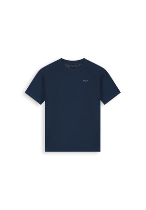 Marineblauw geribd T-shirt met korte mouwen en een klein wit "BALLIN"-logo op de linkerborst, ronde hals, plat neergelegd op een witte achtergrond.
