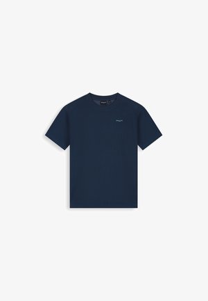 Marineblauw geribd T-shirt met korte mouwen en een klein wit "BALLIN"-logo op de linkerborst, ronde hals, plat neergelegd op een witte achtergrond.