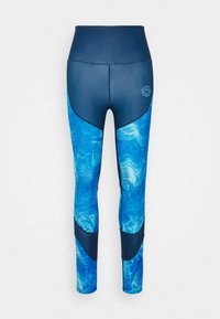 Modré sportovní legíny s vysokým pasem. Obsahují abstraktní víry v různých modrých odstínech, solidní tmavě modré boční panely a detailování loga.