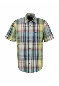 Short-sleeve plaid shirt featuring blue, green, yellow, and red colors, button-down front, and a breast pocket with a small logo.
