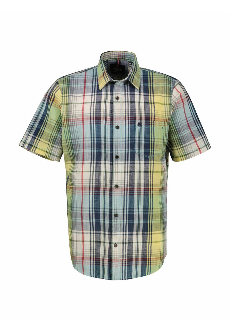 Short-sleeve plaid shirt featuring blue, green, yellow, and red colors, button-down front, and a breast pocket with a small logo.