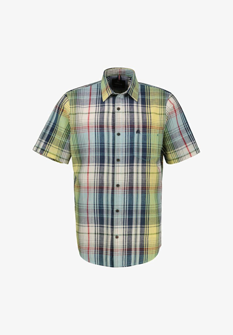 Short-sleeve plaid shirt featuring blue, green, yellow, and red colors, button-down front, and a breast pocket with a small logo.