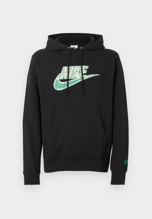 Must Nike fliis, millel on rohelise piksliseeritud logoga rindkerel, eesmaal kaamelitasku, nööriga kapuuts ja vasakul varrukal väike roheline logo.