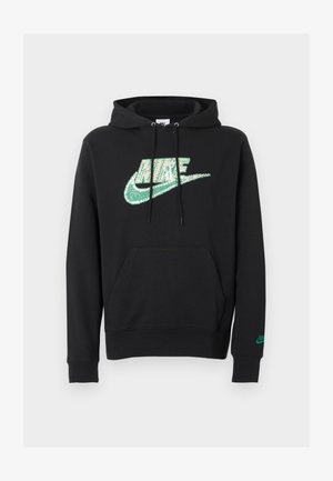 Must Nike fliis, millel on rohelise piksliseeritud logoga rindkerel, eesmaal kaamelitasku, nööriga kapuuts ja vasakul varrukal väike roheline logo.