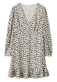 Robe crème avec imprimé tacheté noir, décolleté en V profond, manches longues bouffantes et ourlet froncé. Fabriquée en tissu léger.