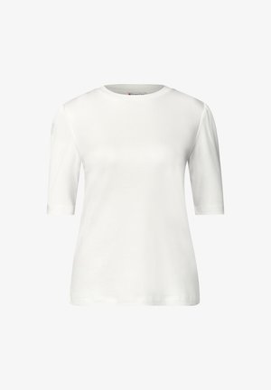 White cotton t-shirt with short sleeves, round neckline, and smooth texture. Simple design without patterns or notable hardware.
