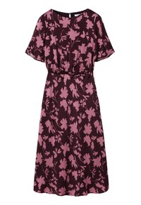 Vestido midi color púrpura oscuro con estampado floral rosa, mangas cortas con volante, cintura fruncida y cierre con cremallera en la espalda.