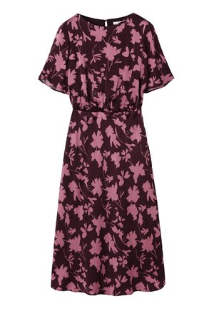 Ciemnofioletowa sukienka midi w różowy kwiatowy wzór, z krótkimi, falującymi rękawkami, marszczoną talią i zapięciem na zamek błyskawiczny z tyłu.