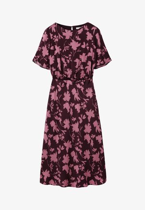 Rochie midi mov închis cu model floral roz, mâneci scurte evazate, talie strânsă și închidere cu fermoar la spate.